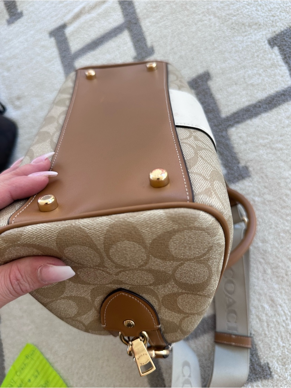 Coach Beige and Ivory Signature Barrel Satchel with Detachable Strap - Picture 11 of 14